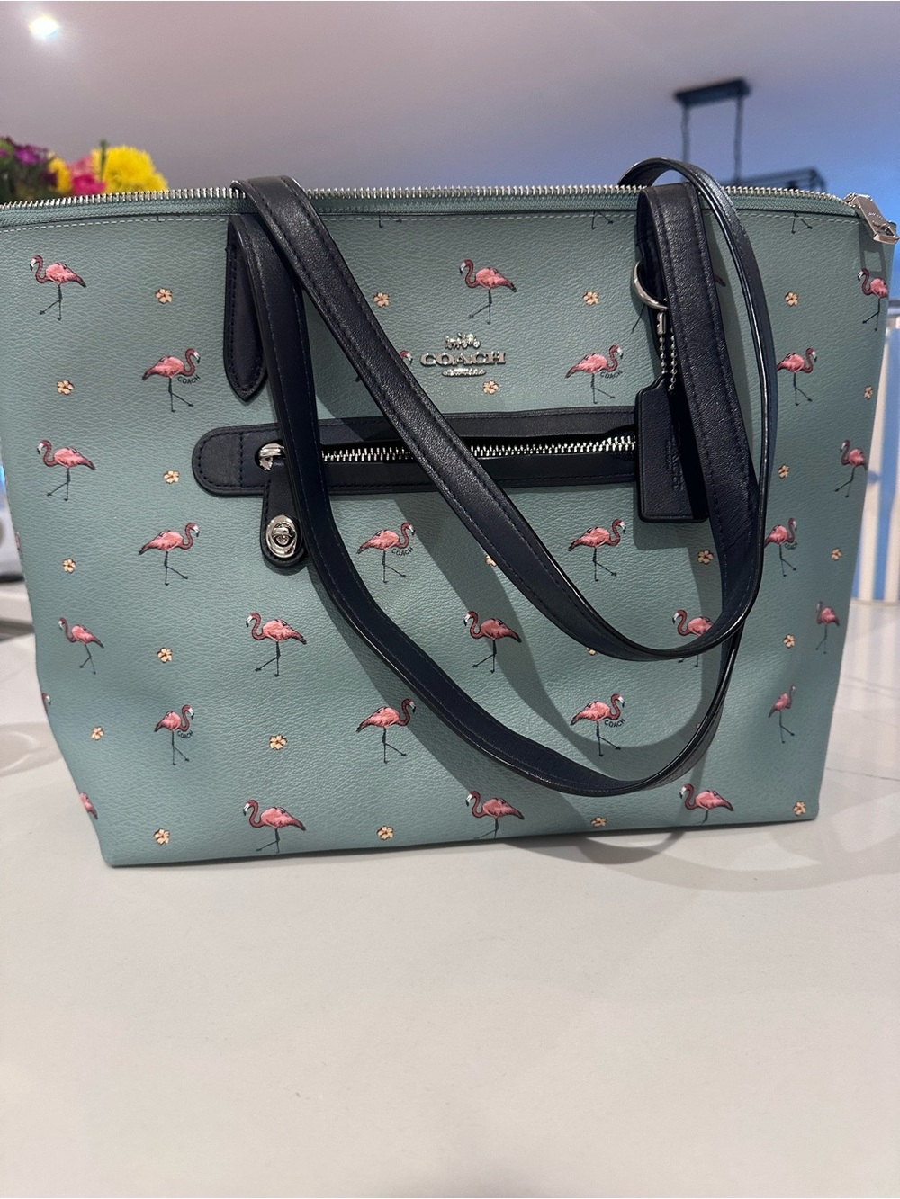 Coach Seafoam Leather Tote with Pink Flamingo Print and Black Trim